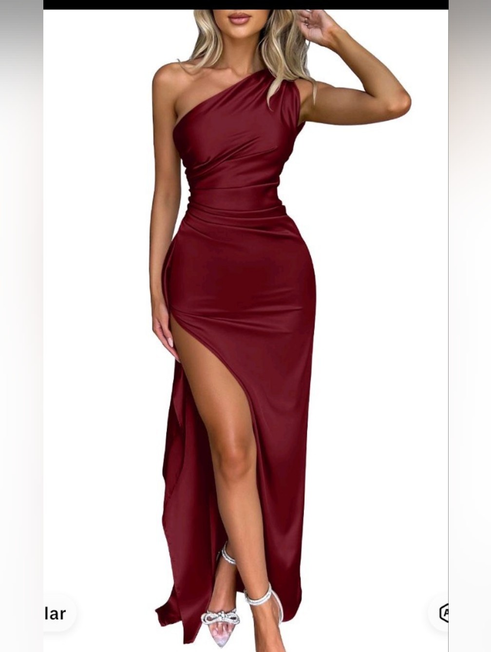 Oys Women's Sexy One Shoulder Satin High Split Dress Burgundy Formal Dress New